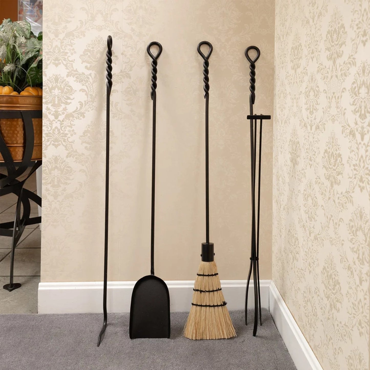 Minuteman International WRL-02S 36in Extra Long Rope Design Shovel | Black Powder Coated Wrought Iron | Fireplace & Hearth Tool | Model WRL-02S