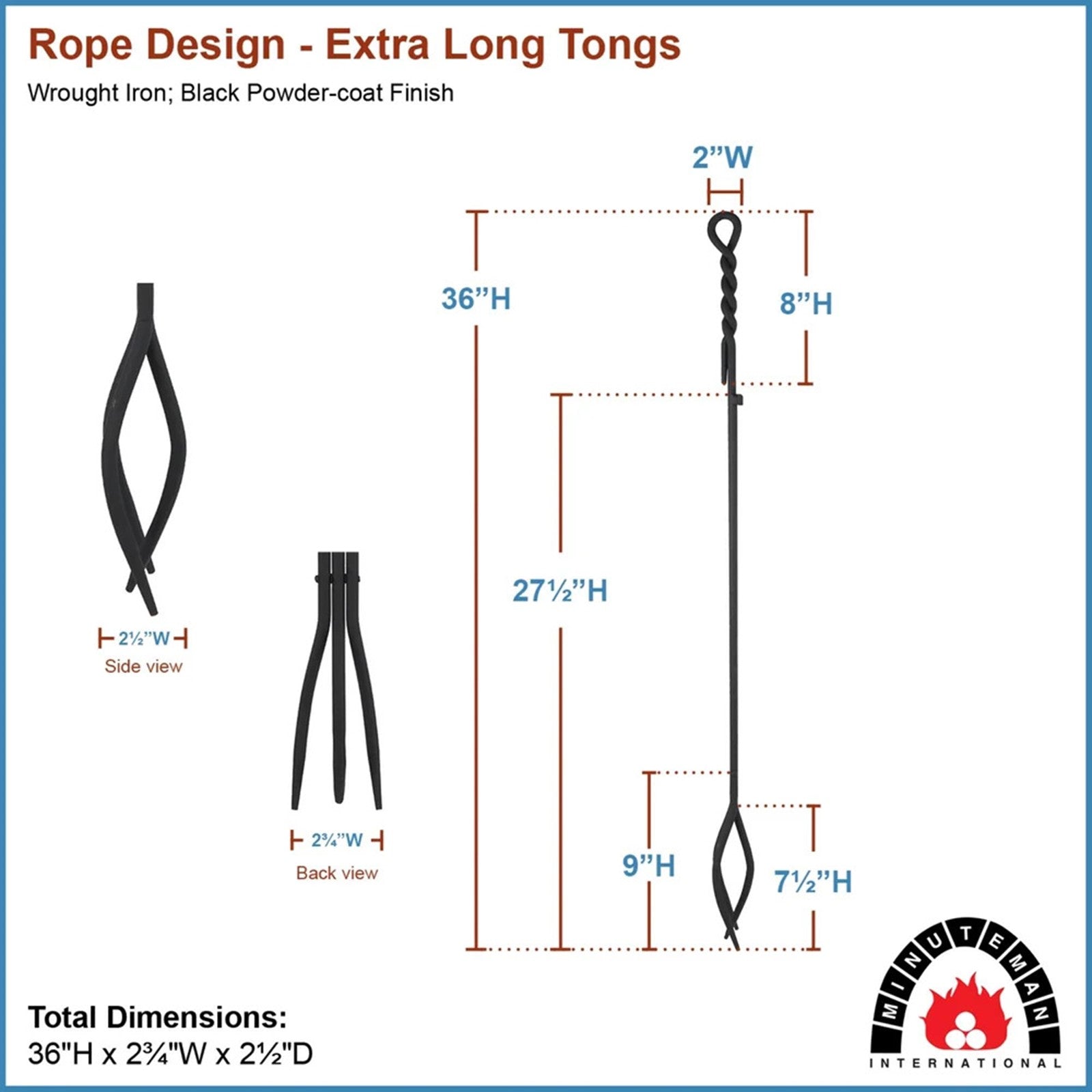 Minuteman International WRL-02T 36in Extra Long Rope Design Tongs | Black Wrought Iron Fireplace Tool | Hearth & Wood Stove Accessory | Model WRL-02T
