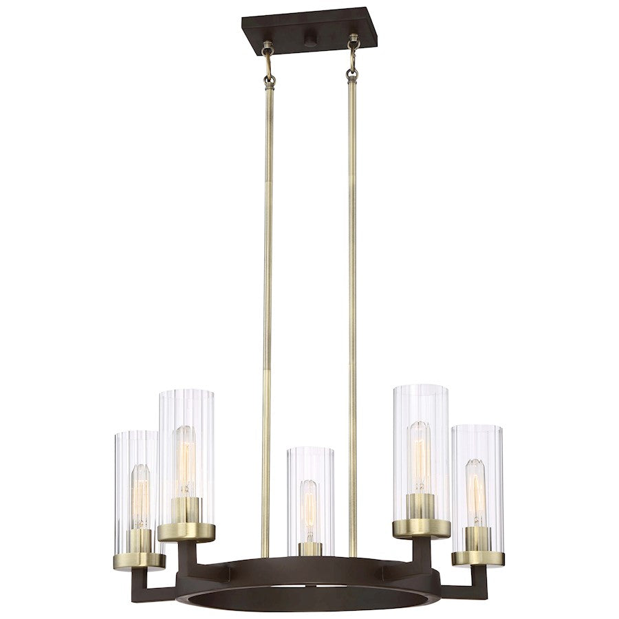 Minka Lavery Ainsley Court 25in 5-Light Chandelier | Vintage Aged Kingston Bronze and Brushed Brass with Clear Ribbed Glass | Dining | Model 3045-560