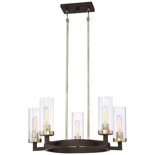 Minka Lavery Ainsley Court 25in 5-Light Chandelier | Vintage Aged Kingston Bronze and Brushed Brass with Clear Ribbed Glass | Dining | Model 3045-560