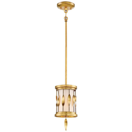 Minka Lavery Olivetas 6in 1-Light Mini Pendant | Hand Textured Gold Leaf and White Ribbed Fabric Shade | Dining Room & Kitchen | Model 4051-571