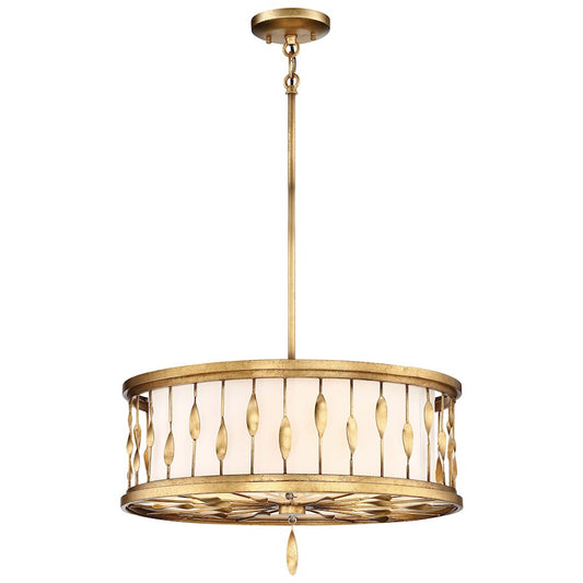 Minka Lavery Olivetas 20in 3-Light Pendant Convertible | Hand Textured Gold Leaf and White Ribbed Fabric Shade | Dining Room & | Model 4054-571