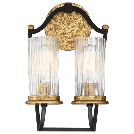 Minka Lavery Posh Horizon 8in Wall Sconce | French Country Sand Black with Gold Leaf and Clear Ribbed Glass | Hallway & Living Room | Model 4511-100
