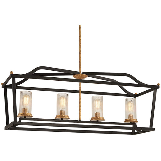 Minka Lavery Posh Horizon 32in 4-Light Island Pendant | French Country Sand Black with Gold Leaf and Clear Ribbed Glass | Kitchen | Model 4513-100