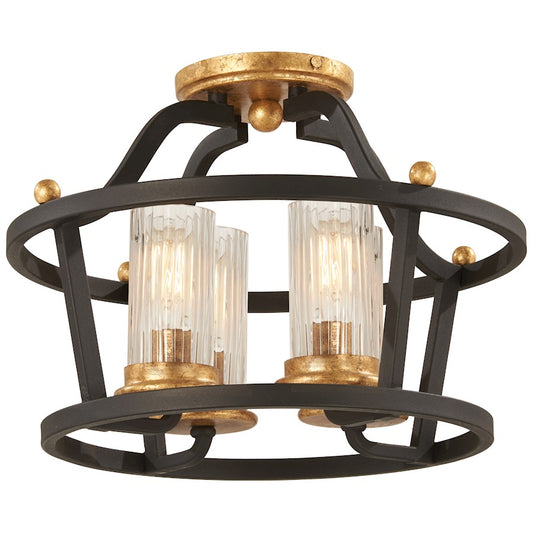 Minka Lavery Posh Horizon 14in 4-Light Semi-Flush | French Country Sand Black with Gold Leaf and Clear Ribbed Glass | Entryway & | Model 4514-100