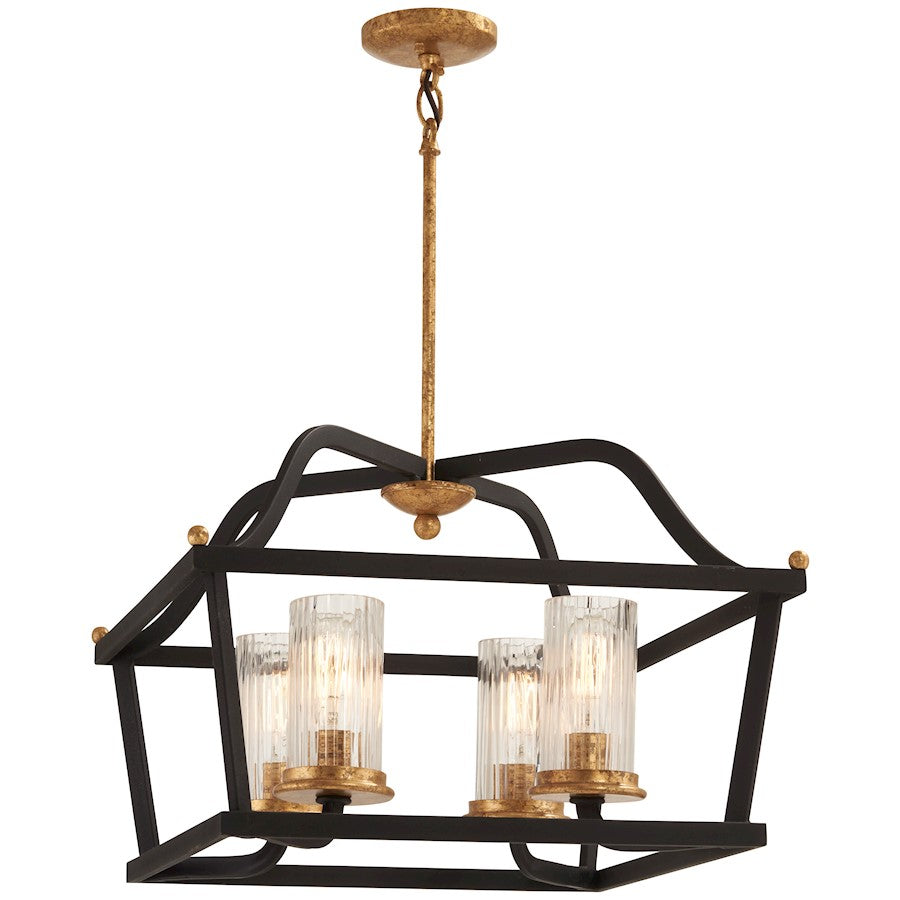Minka Lavery Posh Horizon 20in 4-Light Pendant | French Country Sand Black with Gold Leaf and Clear Ribbed Glass | Kitchen Island & | Model 4516-100