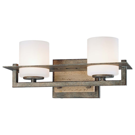 Minka Lavery Compositions 12in 2-Light Vanity Light | Aged Patina Iron and Travertine Stone Etched Opal Glass | Bathroom Vanity | Model 6462-273