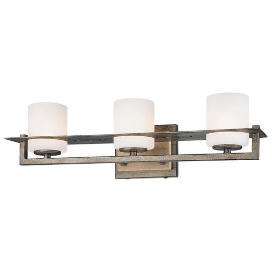Minka Lavery Compositions 20in 3-Light Vanity Light | Aged Patina Iron and Travertine Stone Etched Opal Glass | Bathroom Vanity | Model 6463-273