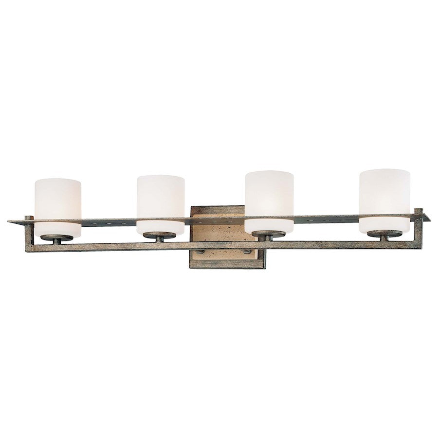 Minka Lavery Compositions 27in 4-Light Vanity Light | Aged Patina Iron and Travertine Stone Etched Opal Glass | Bathroom Vanity | Model 6464-273