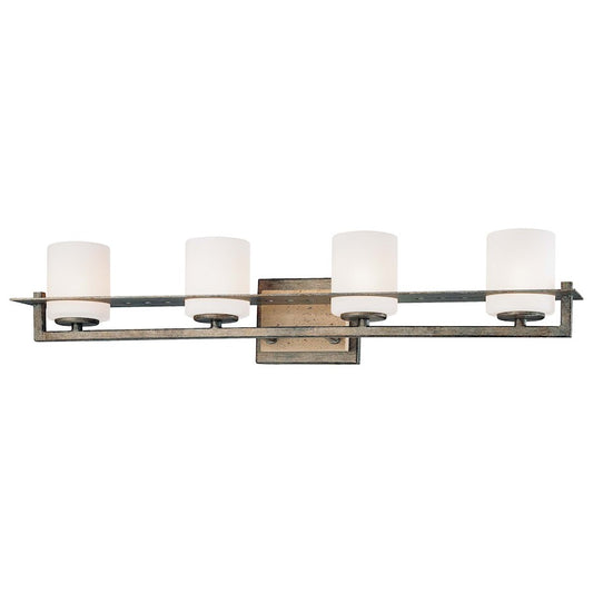 Minka Lavery Compositions 27in 4-Light Vanity Light | Aged Patina Iron and Travertine Stone Etched Opal Glass | Bathroom Vanity | Model 6464-273