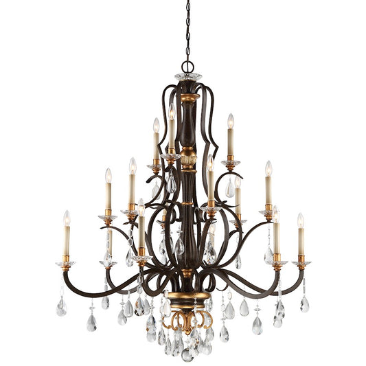 Minka Metropolitan Chateau Nobles 46in 15-Light Chandelier | Traditional Raven Bronze and Sunburst Gold Highlights | Dining Room & | Model N6458-652
