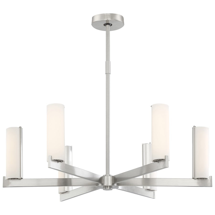 George Kovacs Tube 30in 6-Light LED Chandelier | Contemporary Brushed Nickel and Etched Opal Glass | Dining Room & Living Room | Model P1856-084-L