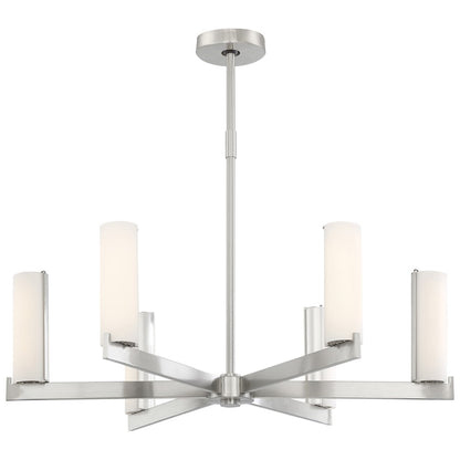 George Kovacs Tube 30in 6-Light LED Chandelier | Contemporary Brushed Nickel and Etched Opal Glass | Dining Room & Living Room | Model P1856-084-L