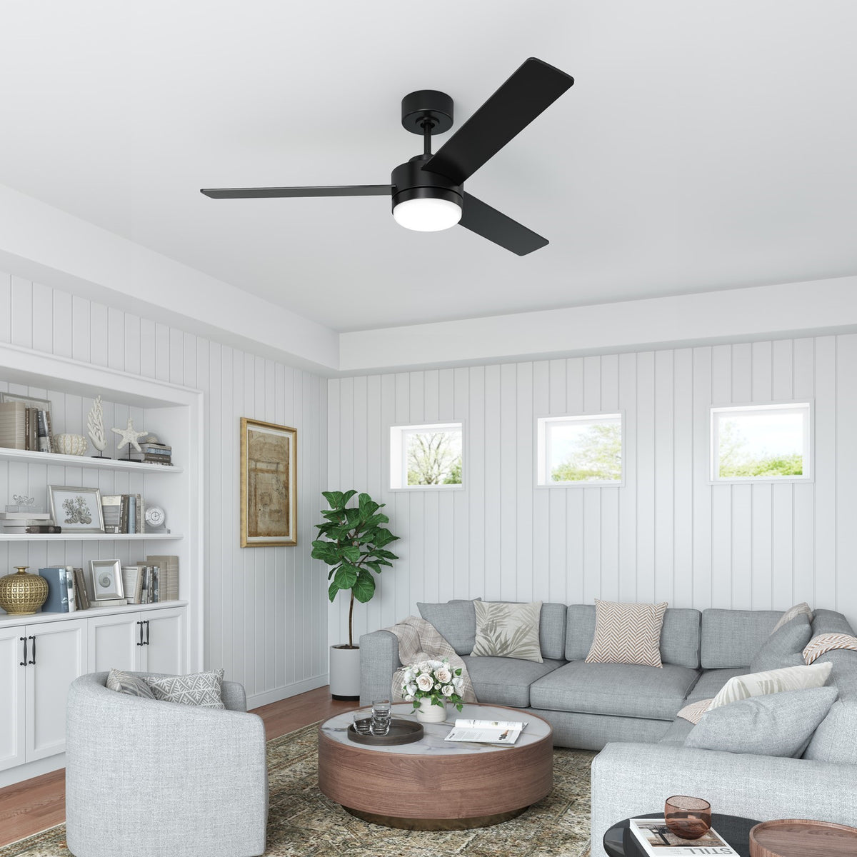 Millennium Lighting Trestwyn 52in 3-Blade 5CCT LED Ceiling Fan | Transitional Matte Black and Etched Acrylic | Bedroom | Model 1100LED-MBK-MBK