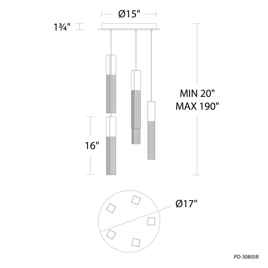 Modern Forms Cinema 5Lt 16" LED Multi-Light Pendant, Brass/Clear