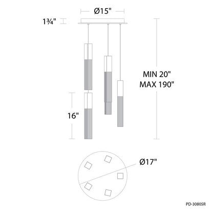 Modern Forms Cinema 5Lt 16" LED Multi-Light Pendant, Brass/Clear