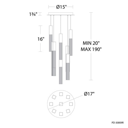 Modern Forms Cinema 9Lt 16" LED Multi-Light Pendant, Brass/Clear