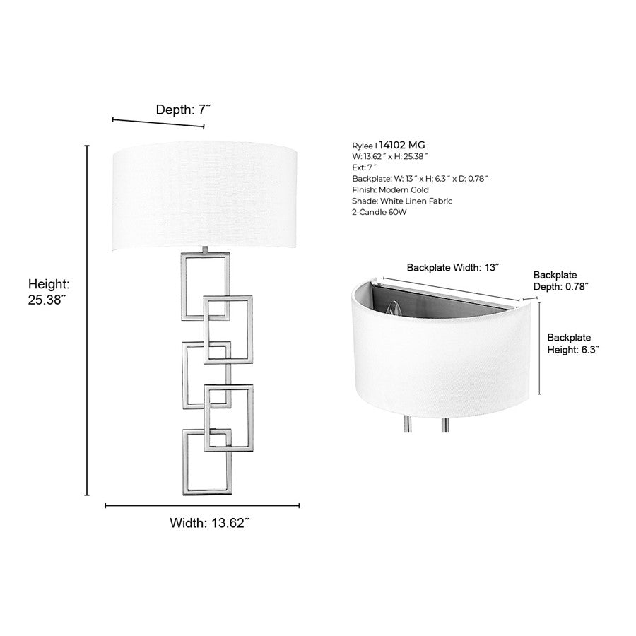 Millennium Lighting Rylee 2 Light Bathroom Wall Sconce, Modern Gold