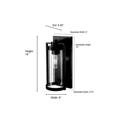 Millennium Braselton 1Lt 14" Outdoor Sconce, Black/Clear Ribbed