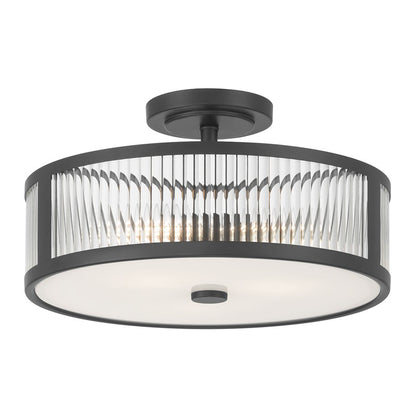 Millennium Ardezia 3Lt Semi Flush Mount, Black/Clear Ribbed