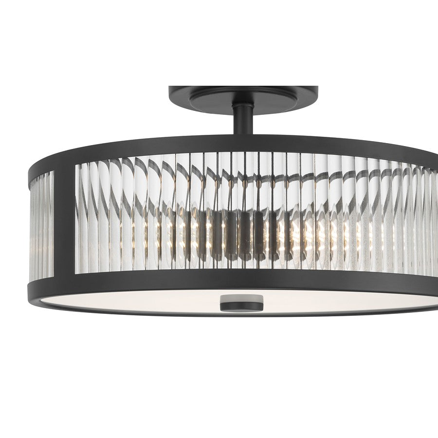 Millennium Ardezia 3Lt Semi Flush Mount, Black/Clear Ribbed