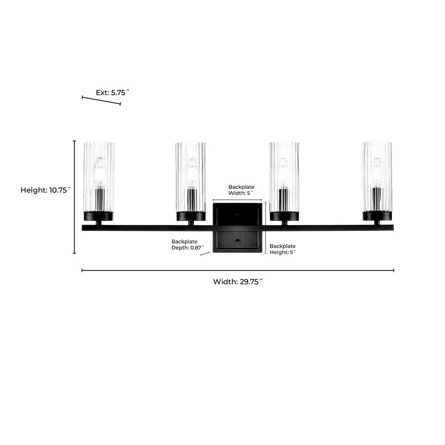 Millennium Lighting Iversen 4Lt 30" Vanity, Black/Clear Reeded