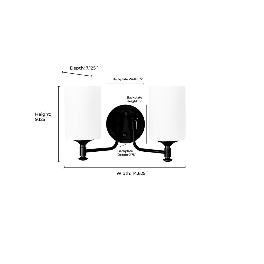 Millennium Ailey 2Lt Bathroom Vanity Light, Black/Etched Opal White