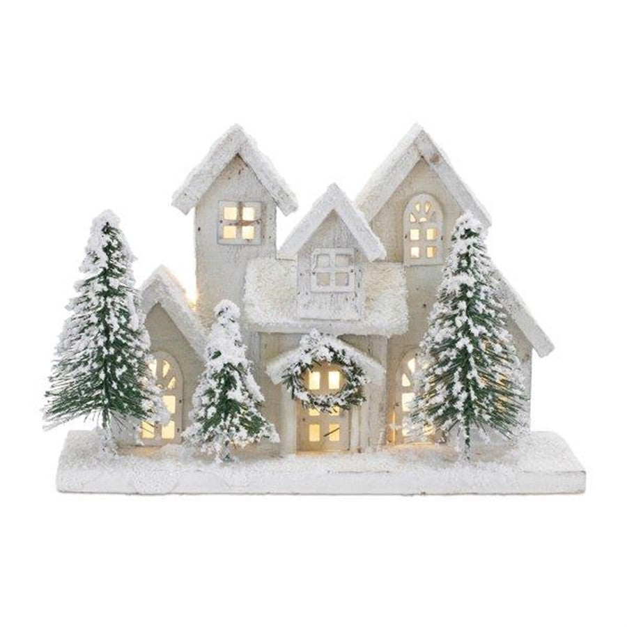 Melrose LED Flocked Holiday Village Display | Traditional White and Green Fir Wood | Mantel & Entryway Christmas Accent | Model 91116DS
