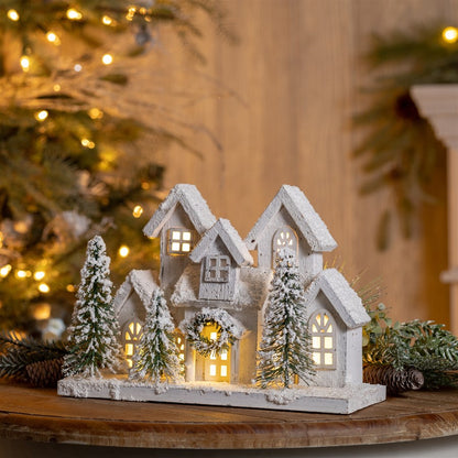 Melrose LED Flocked Holiday Village Display | Traditional White and Green Fir Wood | Mantel & Entryway Christmas Accent | Model 91116DS