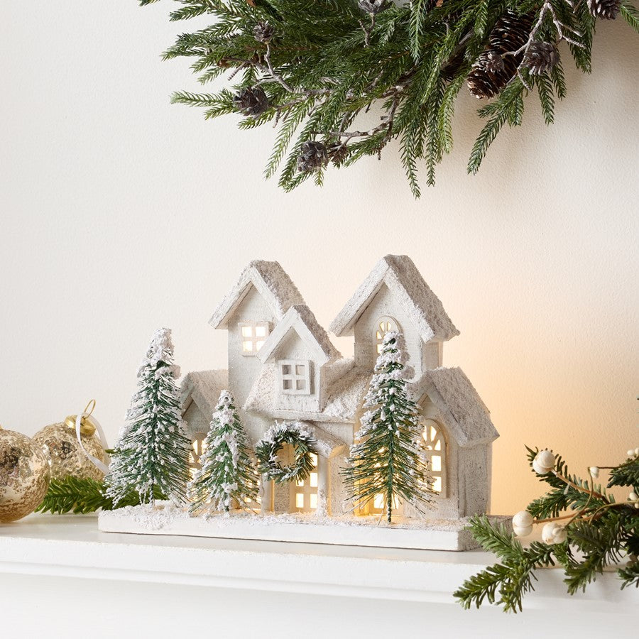 Melrose LED Flocked Holiday Village Display | Traditional White and Green Fir Wood | Mantel & Entryway Christmas Accent | Model 91116DS