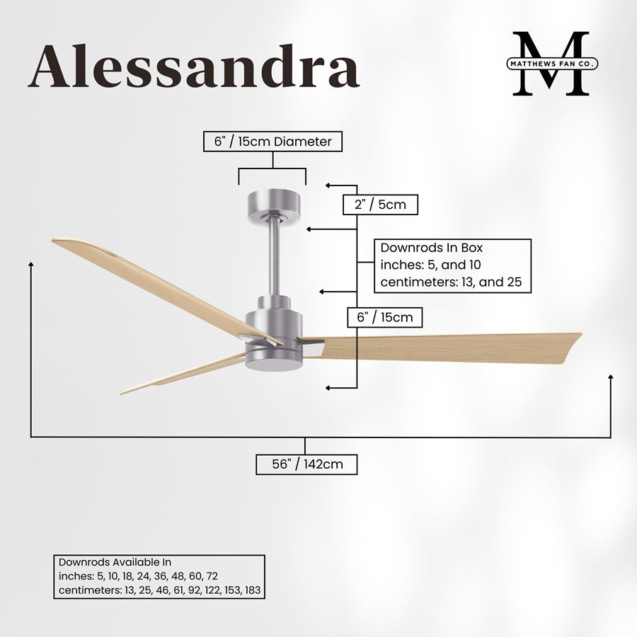 Matthews Fan Alessandra 56in 3-Blade Ceiling Fan | Transitional Brushed Nickel and Light Maple ABS | Living Room & Covered Patio | Model AK-BN-LM-56