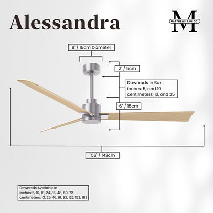 Matthews Fan Alessandra 56in 3-Blade Ceiling Fan | Transitional Brushed Nickel and Light Maple ABS | Living Room & Covered Patio | Model AK-BN-LM-56
