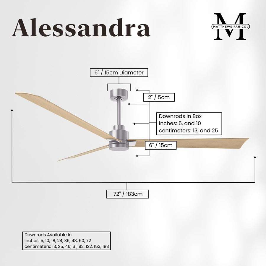 Matthews Fans Alessandra 72in 3-Blade Ceiling Fan | Transitional Brushed Nickel and Light Maple ABS | Great Rooms & Open Living | Model AK-BN-LM-72