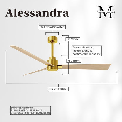 Matthews Fan Alessandra 56in 3-Blade Ceiling Fan | Brushed Brass and Light Maple ABS | Great Rooms & Covered Patios | Model AK-BRBR-LM-56