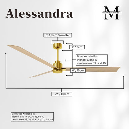 Matthews Fan Alessandra 72in 3-Blade Ceiling Fan | Brushed Brass and Light Maple ABS | Great Rooms & Covered Patios | Model AK-BRBR-LM-72