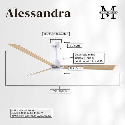 Matthews Fans Alessandra 72in 3-Blade Ceiling Fan | Transitional Matte White and Light Maple ABS Blades | Covered Patio & Open | Model AK-MWH-LM-72