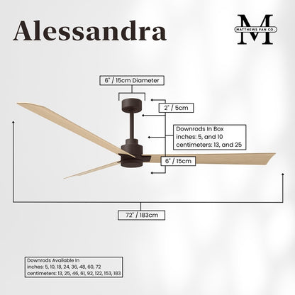 Matthews Fans Alessandra 72in 3-Blade Ceiling Fan | Transitional Textured Bronze and Light Maple ABS Blades | Great Rooms | Model AK-TB-LM-72
