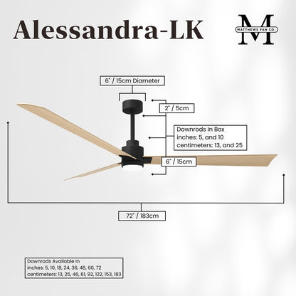 Matthews Fans Alessandra 72in 3-Blade Ceiling Fan | Transitional Matte Black and Light Maple ABS | Great Rooms & Covered Patios | Model AKLK-BK-LM-72