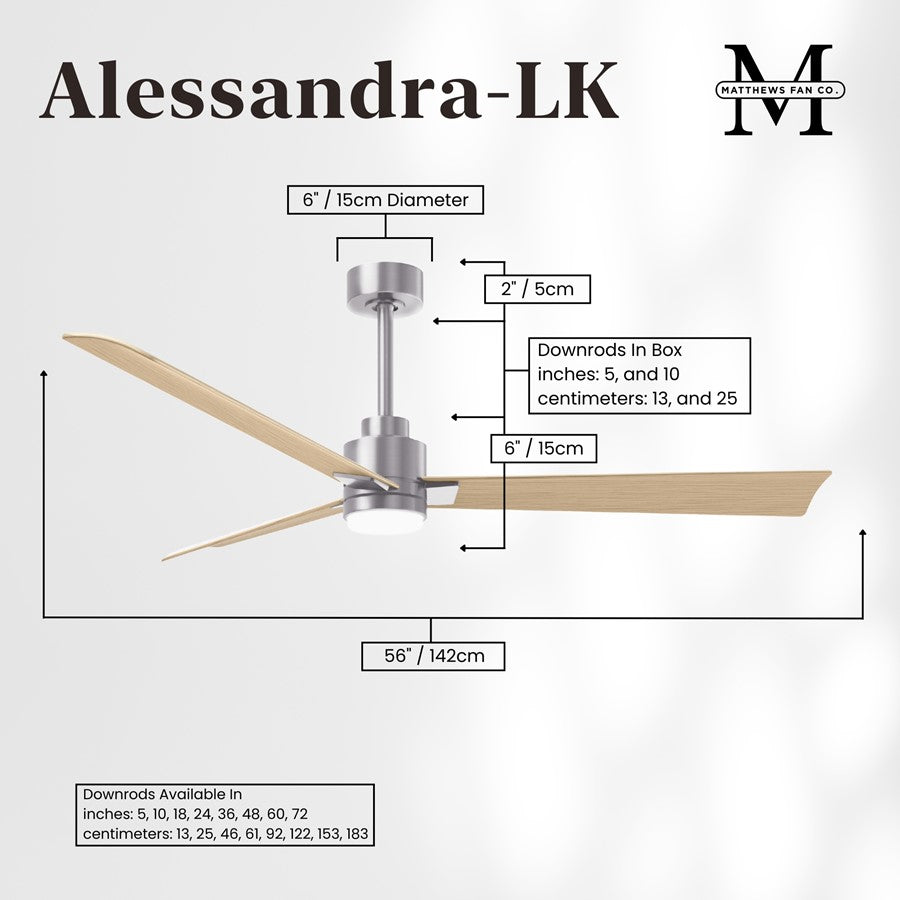 Matthews Fans Alessandra 56in 3-Blade Ceiling Fan | Transitional Brushed Nickel and Light Maple ABS | Living Rooms & Covered | Model AKLK-BN-LM-56