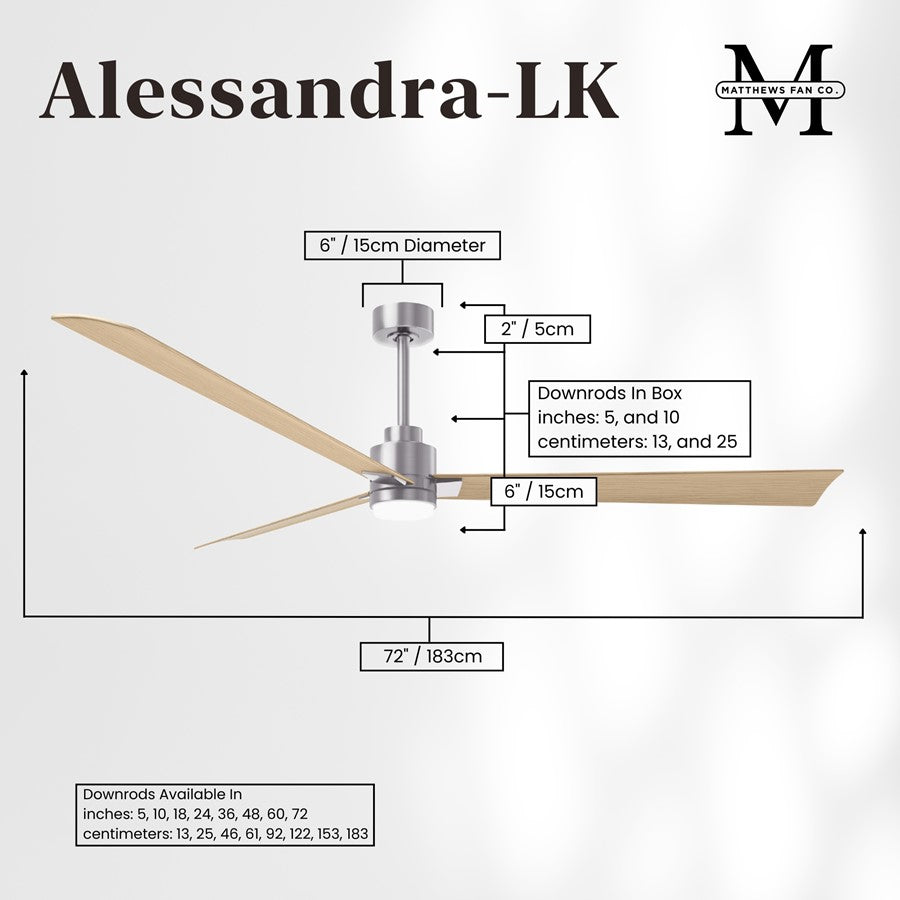 Matthews Fans Alessandra 72in 3-Blade Ceiling Fan | Transitional Brushed Nickel and Light Maple ABS | Great Rooms & Covered | Model AKLK-BN-LM-72
