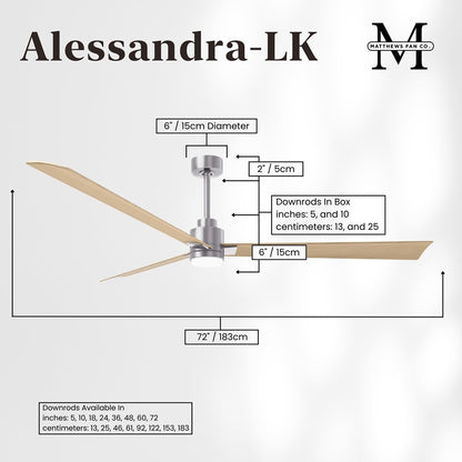 Matthews Fans Alessandra 72in 3-Blade Ceiling Fan | Transitional Brushed Nickel and Light Maple ABS | Great Rooms & Covered | Model AKLK-BN-LM-72