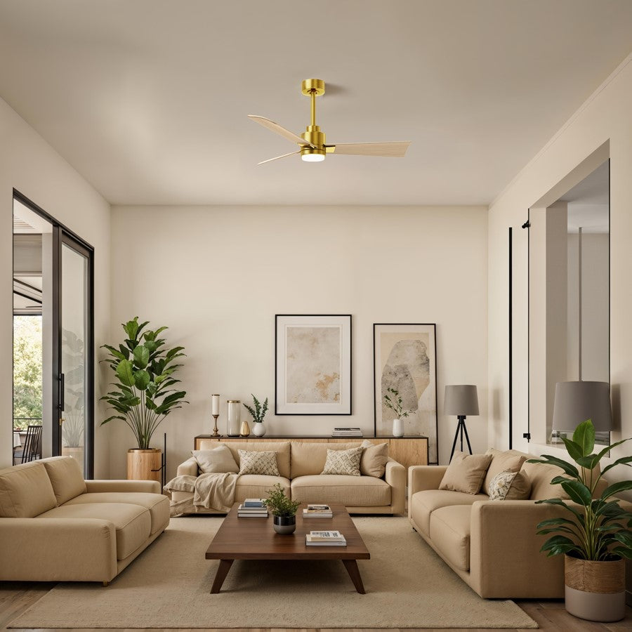 Matthews Fans Alessandra 42in 3-Blade Ceiling Fan | Transitional Brushed Brass and Light Maple ABS | Bedroom & Covered Patio | Model AKLK-BRBR-LM-42