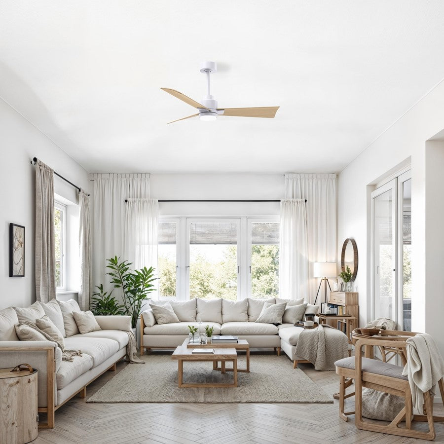 Matthews Fans Alessandra 42in 3-Blade Ceiling Fan with Light | Transitional Matte White and Light Maple ABS | Bedroom & Living | Model AKLK-MWH-LM-42