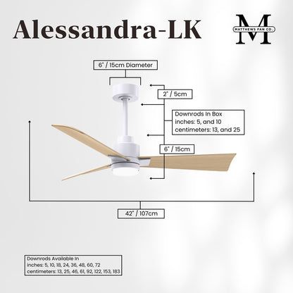 Matthews Fans Alessandra 42in 3-Blade Ceiling Fan with Light | Transitional Matte White and Light Maple ABS | Bedroom & Living | Model AKLK-MWH-LM-42