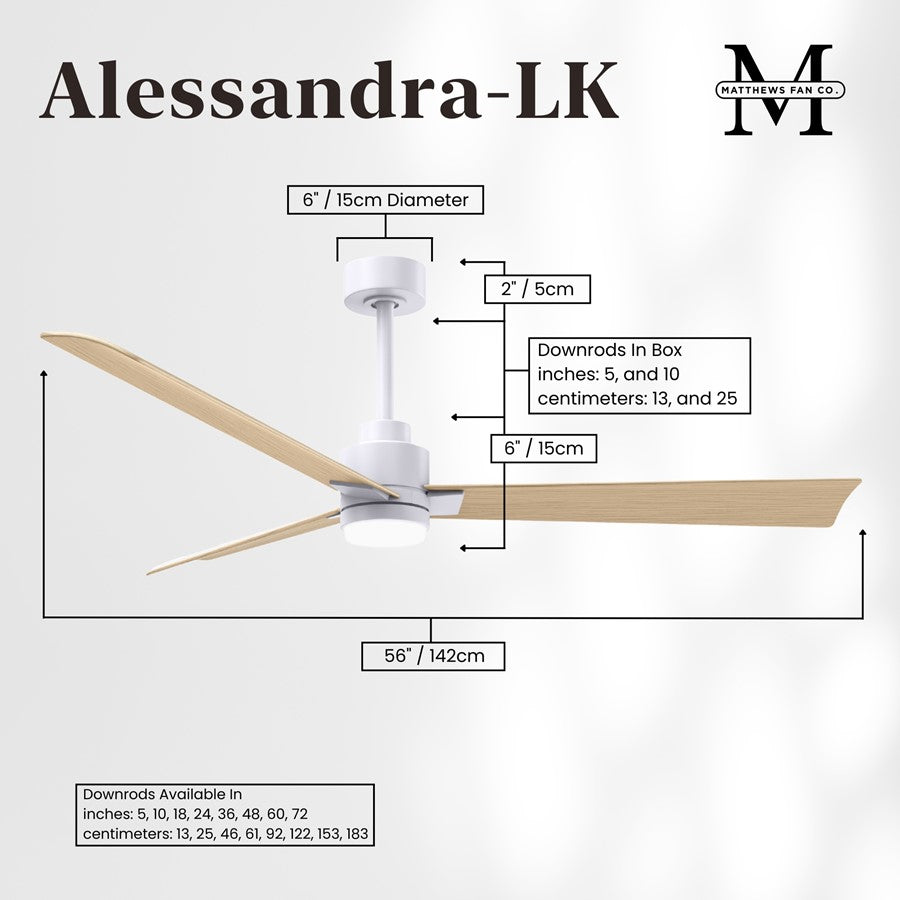 Matthews Fan Alessandra 56in 1-Light 3-Blade Ceiling Fan | Transitional Matte White and Light Maple Tone ABS | Outdoor Wet | Model AKLK-MWH-LM-56