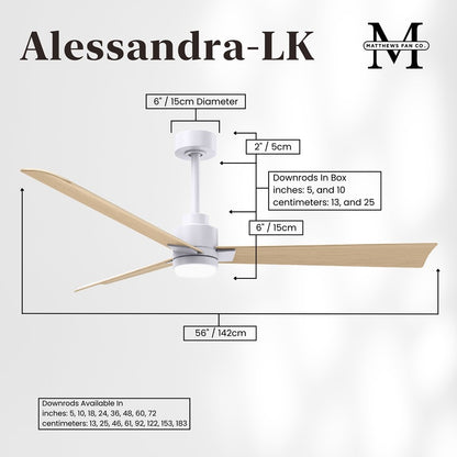 Matthews Fan Alessandra 56in 1-Light 3-Blade Ceiling Fan | Transitional Matte White and Light Maple Tone ABS | Outdoor Wet | Model AKLK-MWH-LM-56