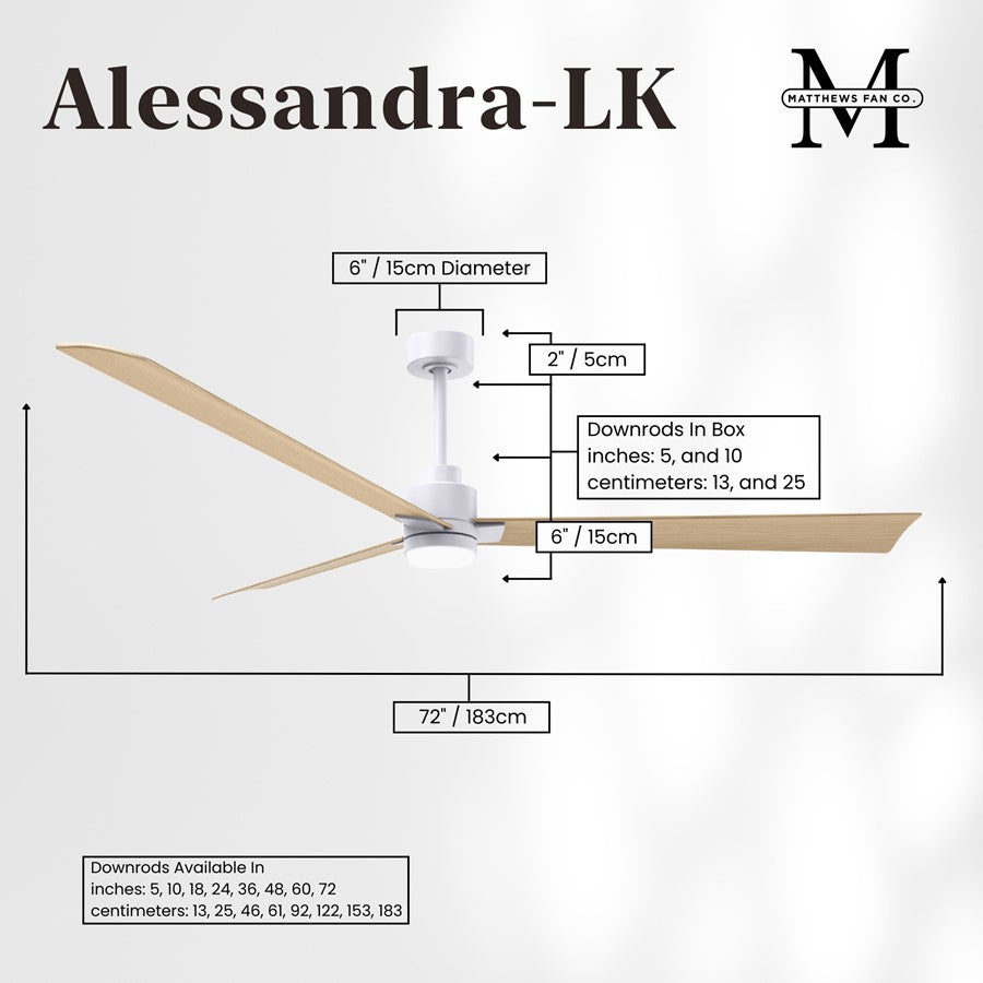Matthews Fan Alessandra 72in 1-Light 3-Blade Ceiling Fan | Transitional Matte White and Light Maple Tone ABS | Outdoor Wet | Model AKLK-MWH-LM-72