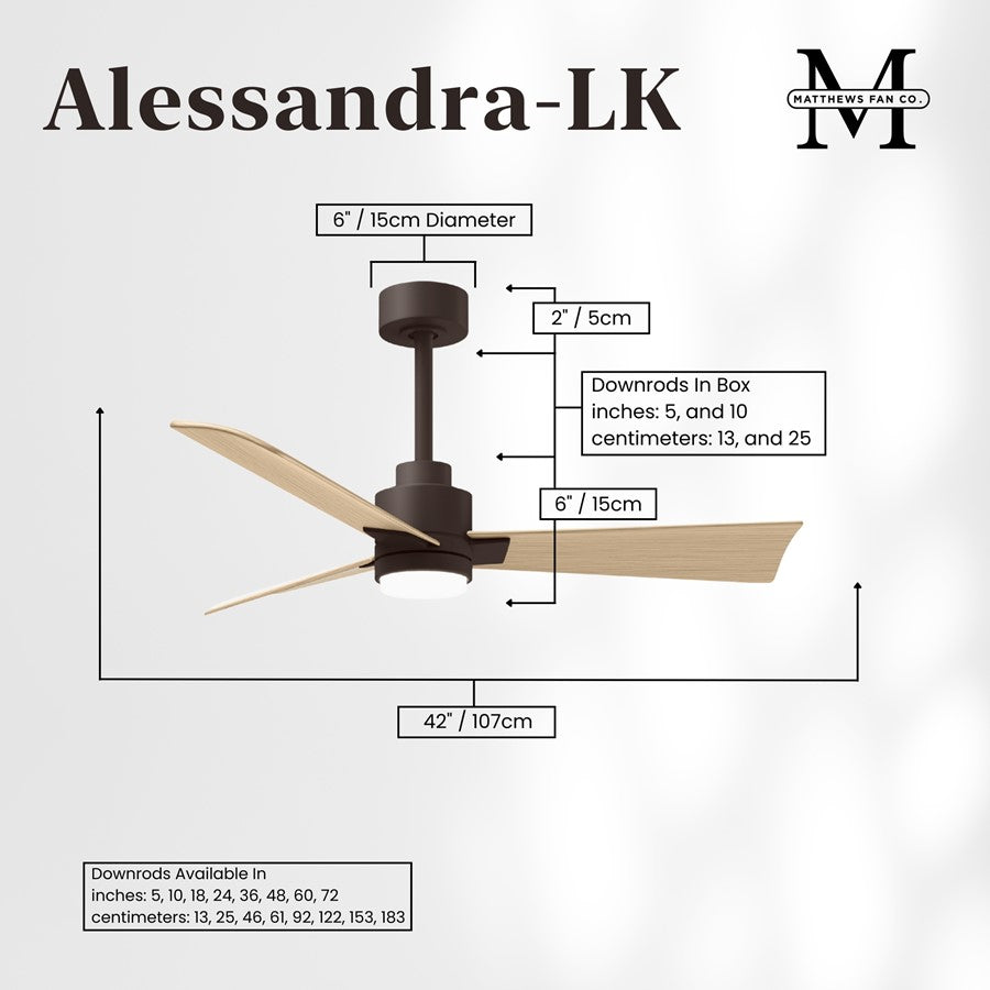 Matthews Fans Alessandra 42in 3-Blade Ceiling Fan | Transitional Textured Bronze and Light Maple ABS | Great Rooms & Open | Model AKLK-TB-LM-42