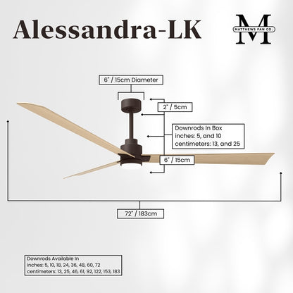 Matthews Fans Alessandra 72in 3-Blade Ceiling Fan | Transitional Textured Bronze and Light Maple ABS | Great Rooms & Open | Model AKLK-TB-LM-72