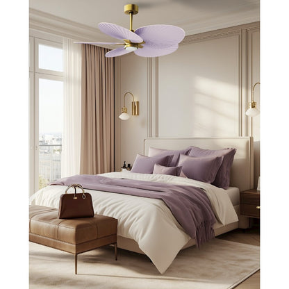 Matthews Fans Alessandra Tropical 48in 5-Blade Ceiling Fan | Transitional Brushed Brass and Lilac ABS Blades | Covered Patio | Model AKTPLK-BRBR-LI